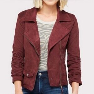Marrakech Anthropologie Burgundy Wine Soft Faux Suede Moto Jacket Size Small
